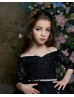 Off Shoulder Black Lace Tulle Long Flower Girl Dress